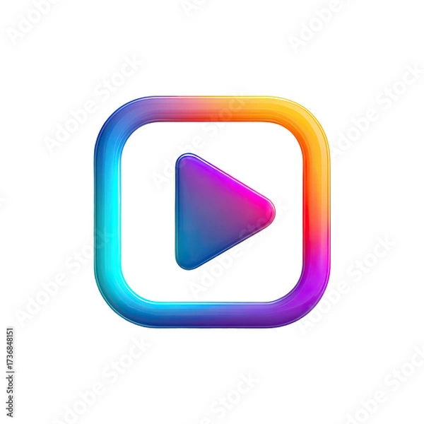 Fototapeta A vibrant, glossy square button features a holographic play symbol, its edges outlined in a rainbow gradient