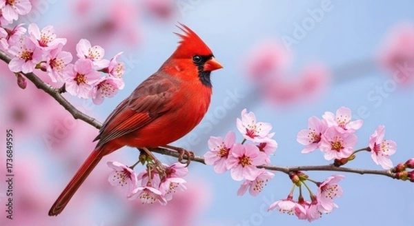 Fototapeta A vibrant cardinal perched gracefully on a blossoming branch in springtime serenity