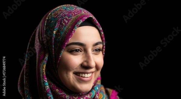 Fototapeta Portrait of a smiling woman wearing colorful patterned hijab with isolated black background