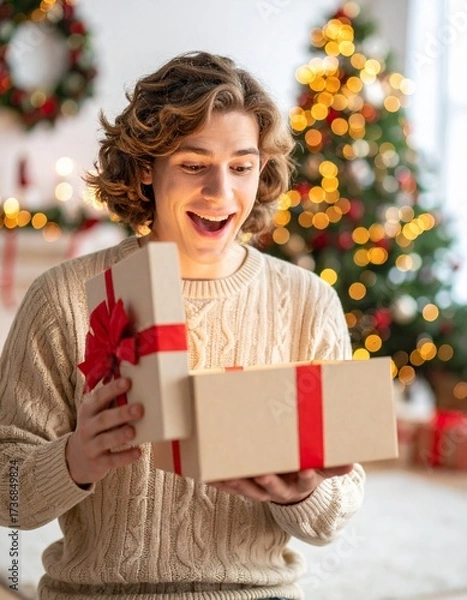 Fototapeta A person joyfully opening a gift box. The person displays a surprised and delighted expression while looking inside the box. Room is softly lit with blurred Christmas lights and holiday decorations.