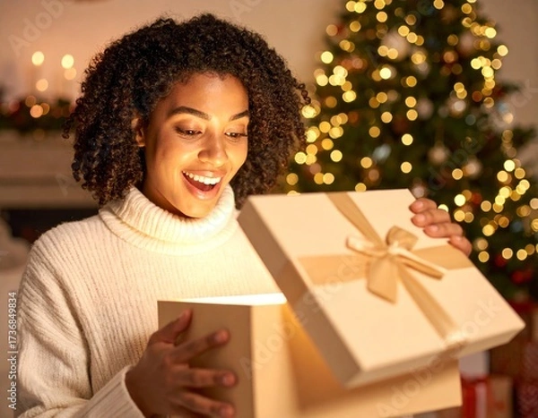 Fototapeta A person joyfully opening a gift box. The person displays a surprised and delighted expression while looking inside the box. Room is softly lit with blurred Christmas lights and holiday decorations.