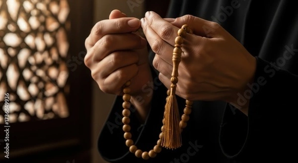 Fototapeta Hands holding prayer beads in quiet contemplation near a window with mosaic details