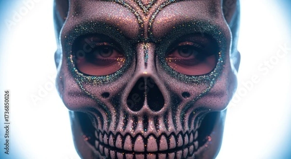 Fototapeta Intricate glitter skull face paint blending reality with the macabre artistry of carnival masks