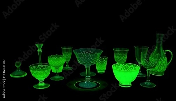 Obraz Extensive collection of glowing green uranium glass dishes and drinkware, exhibiting different forms and textures under UV light against a dark background