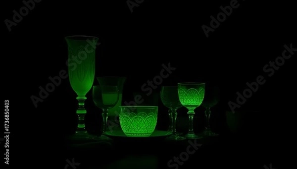 Obraz Detailed studio shot of various antique uranium glass pieces, including plates, pitchers, and goblets, all brightly fluorescing green under UV light