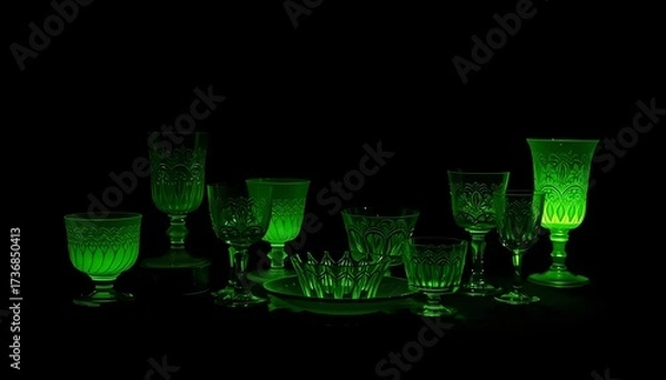 Obraz Dark and mysterious display of glowing green uranium glass tableware under UV light, with subtle reflections on a dark surface
