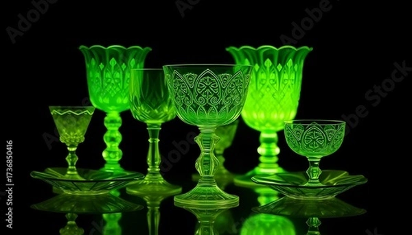 Obraz Assortment of vintage glow-in-the-dark glassware, featuring a mix of green uranium glass and purple manganese glass, illuminated by UV light
