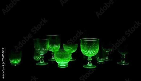 Obraz Vintage uranium and manganese glass tableware glowing vividly under UV light, showcasing a striking purple and green luminescence