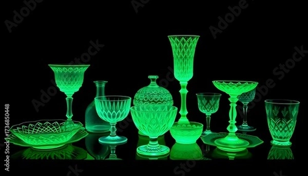 Obraz Minimalist display of vintage uranium glass drinking glasses, glowing with a soft green light under UV, emphasizing their unique fluorescent quality