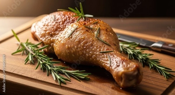 Fototapeta Gourmet culinary presentation featuring a perfectly roasted chicken leg garnished with fresh