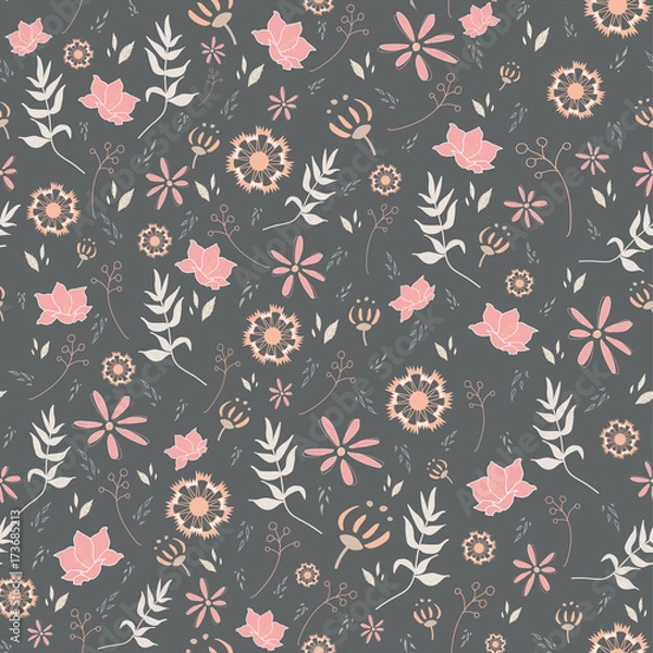 Fototapeta Seamless pattern with multiple floral illustration and dark gray background.
