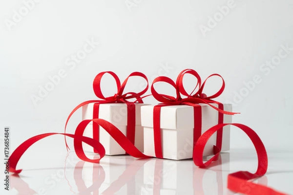 Fototapeta Three square white gift boxes tied with a red satin ribbon for Christmas, New Year, valentines or birthday theme. The ribbon trails around the box on a reflective white surface