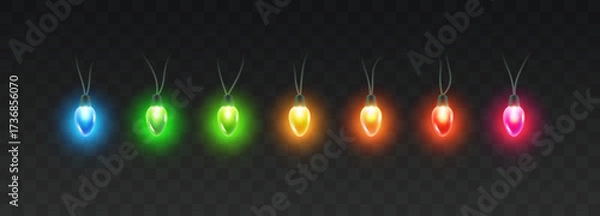 Fototapeta Lights bulbs set isolated on transparent background. Fairy colorful Christmas garland elements, magic amulets or glowing glass pendants. Vector party led lamps decorations