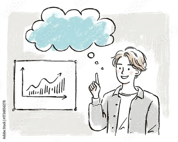 Obraz Business idea illustration, line drawn person with light bulb thought bubble and upward trending graph, innovation and brainstorming concept, minimalist style for educational content and presentation 