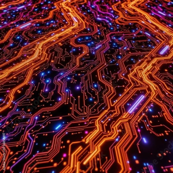 Fototapeta Vibrant Neon Circuitry Seamless Pattern