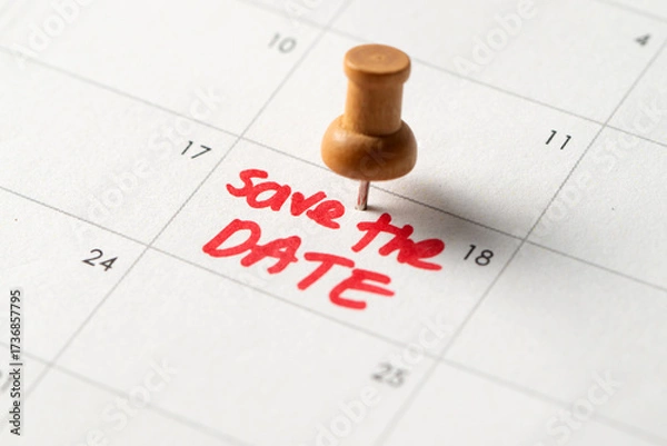 Fototapeta A wooden push pin marks a calendar with Save the Date written in red, symbolizing an important event, reminder, or celebration