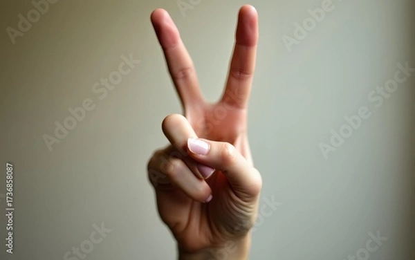 Fototapeta The hand shows two fingers. A sign of peace and kindness. High quality