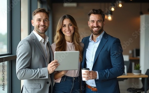 Fototapeta Confident colleagues standing together holding digital tablet and cup of coffee in modern office. Portrait of businesspeople looking at camera, smiling. Successful business concept. High quality