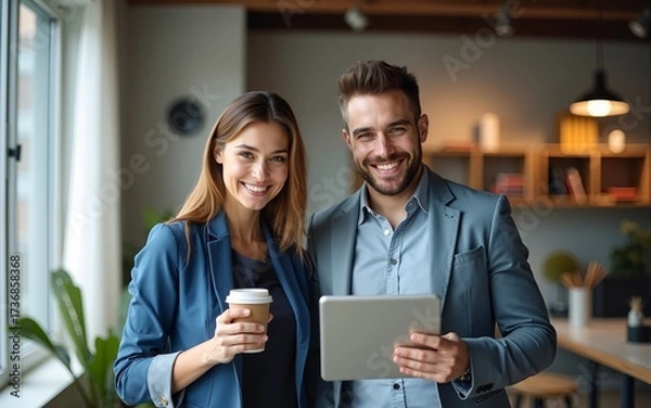 Fototapeta Confident colleagues standing together holding digital tablet and cup of coffee in modern office. Portrait of businesspeople looking at camera, smiling. Successful business concept. High quality