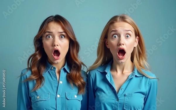 Fototapeta Studio shot of two sisters or friends looking alike with their identical blue shirts and same hairstyles looking at camera in full disbelief, shocked or surprised with some news, gossips or rumours