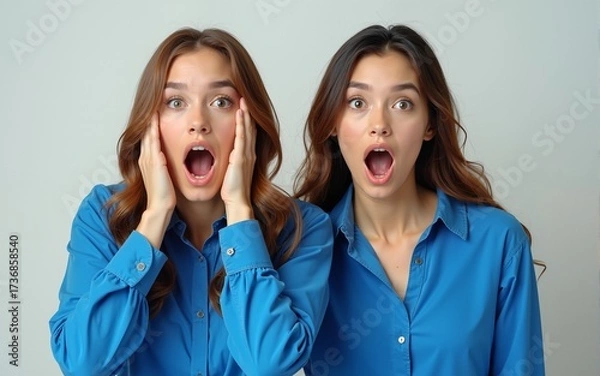 Fototapeta Studio shot of two sisters or friends looking alike with their identical blue shirts and same hairstyles looking at camera in full disbelief, shocked or surprised with some news, gossips or rumours
