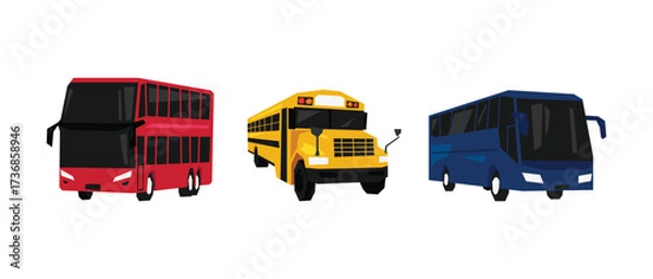 Obraz Vector set of colorful bus, double-decker bus, and school bus. Flat geometric illustration.