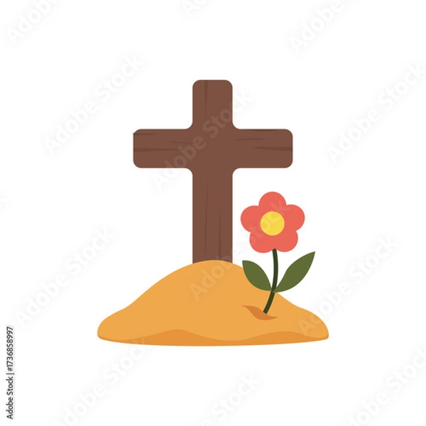 Fototapeta Gravesite  cross and flowers. Cross on a small mound with a bloom, memorial, tribute, cemetery motif.