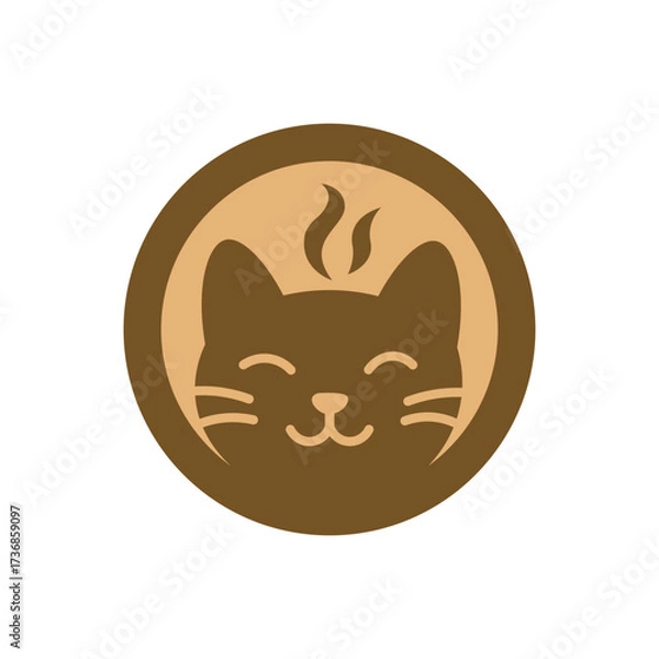 Fototapeta Coffe cat emblem. Circular cat logo with steam motif, cafe, cozy, pet-friendly brand.