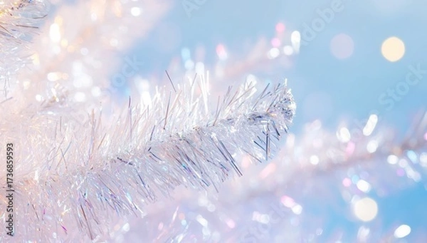 Fototapeta Close-up of shiny white tinsel against a pastel blue background with blurred lights, pastel rainbow colors, pastel aesthetic, sparkly