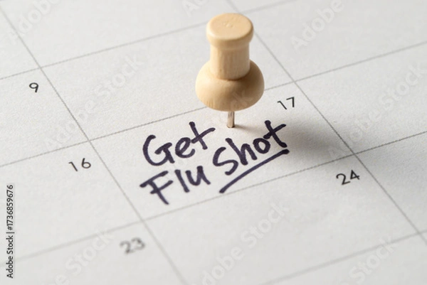 Fototapeta A close-up of a calendar with a handwritten note saying Get Flu Shot, serving as a reminder for an important health appointment. A symbol of influenza prevention and personal healthcare planning
