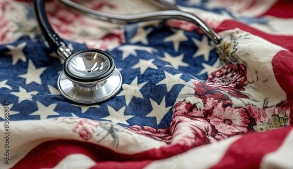 Fototapeta Close-up of the American flag, highlighting its intricate design and colors, symbolizing freedom and national pride