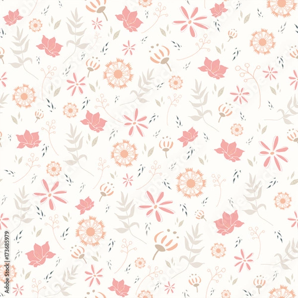 Fototapeta Seamless pattern with multiple floral illustration and white background.