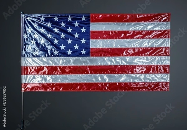 Fototapeta Close-up of the American flag on a black background, with ample copy space. High-quality photo with focus stacking. Close-up of an American flag on a dark gray background