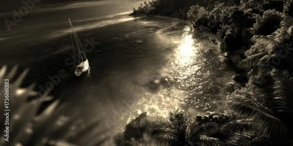 Fototapeta Sailing quietly under night sky along tropical coast illuminated by moonlight with waters reflecting stars