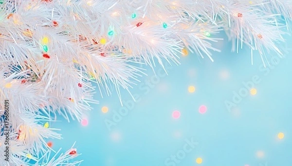 Fototapeta Close-up of white tinsel with colorful lights on a pastel blue background.