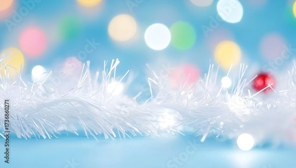 Fototapeta Close-up of white tinsel with colorful lights on a pastel blue background.
