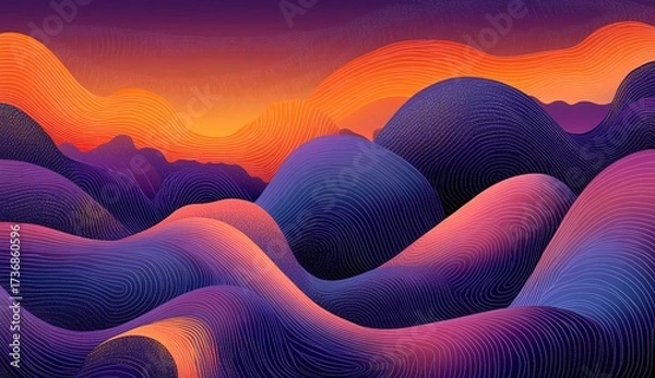 Fototapeta Colorful abstract background with wavy shapes, vector illustration in a flat design style. The artwork features a colorful gradient with a purple and orange color theme, and dark blue shadows.