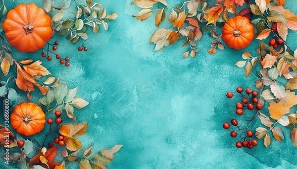 Fototapeta Colorful autumn background with vibrant leaves, pumpkins, and rowan berries on a turquoise blue watercolor texture. Flat lay top view of fall decor with copy space. High quality.
