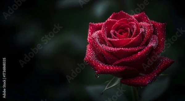 Fototapeta Velvety Red Rose with Dewdrops in Dark Setting.