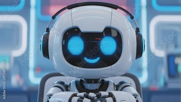 Fototapeta A friendly robot with glowing blue eyes and headphones in a futuristic setting