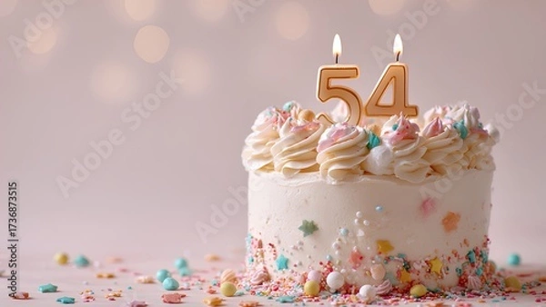 Fototapeta Charming 54th Birthday Cake with Golden Number Candles and Colorful Sprinkles