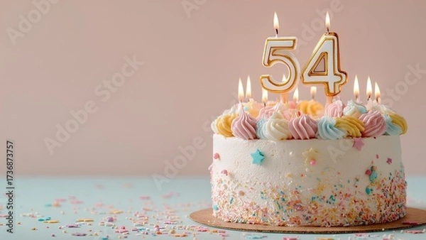 Fototapeta Charming 54th Birthday Cake with Golden Number Candles and Colorful Sprinkles