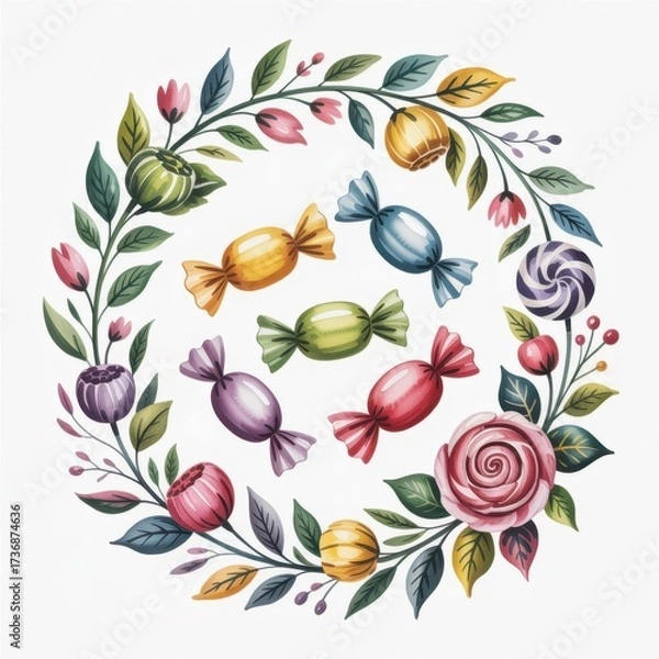 Obraz Colorful Candy Illustration Surrounded by Flowers in a Lovely Watercolor Style