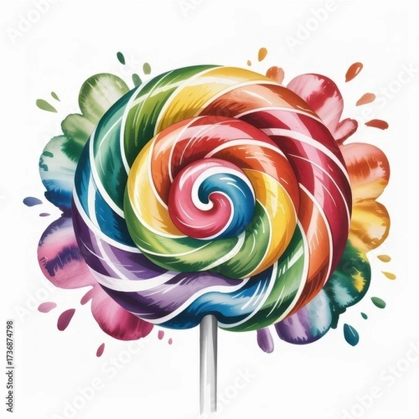 Obraz Colorful Watercolor Illustration of a Vibrant Swirl Lollipop on a Bright Background