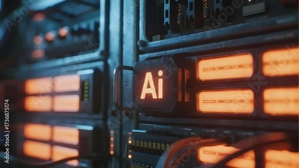 Fototapeta Server rack with illuminated AI label and glowing panels in a data center environment