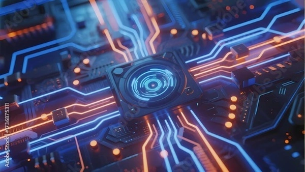 Fototapeta Close-up of a futuristic circuit board with glowing blue and orange pathways and a central processor unit
