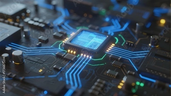 Fototapeta Close-up of a microchip on a circuit board with illuminated blue and green pathways