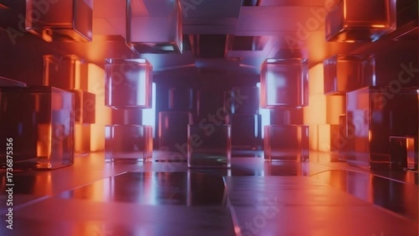 Fototapeta Futuristic corridor with glowing transparent cubes and reflective floor under red and orange lighting