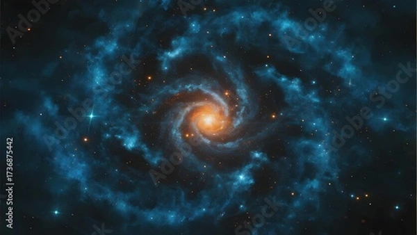 Fototapeta Spiral galaxy with glowing core and swirling blue arms set against a star-filled cosmic background