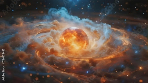Fototapeta A vibrant nebula with a glowing central star surrounded by swirling cosmic clouds and distant stars in deep space.